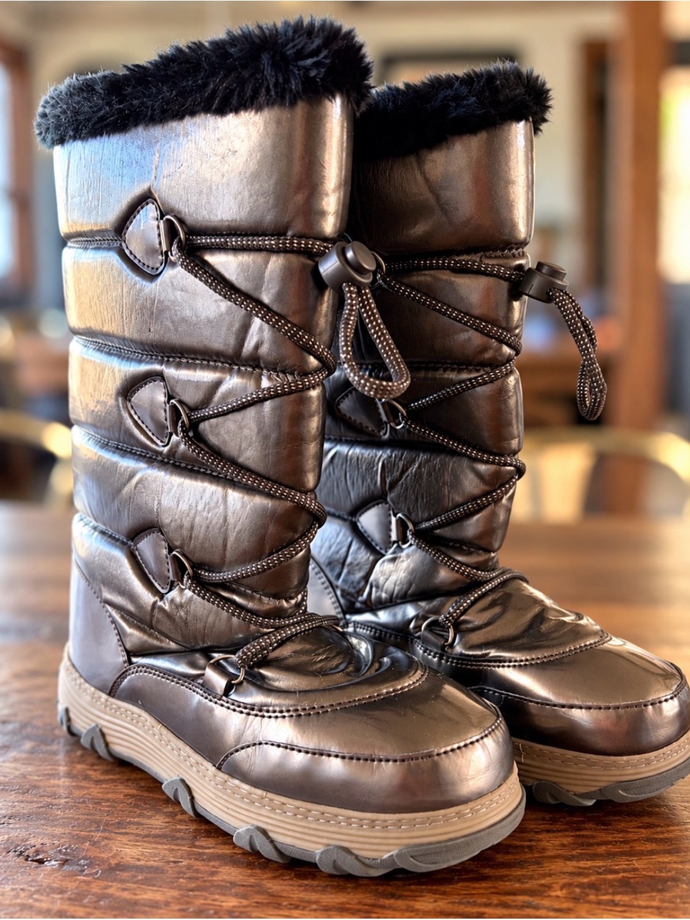 Khombu Metallic Bronze Tall Winter Snow Boots Faux Fur Puffer Lace Up 8M